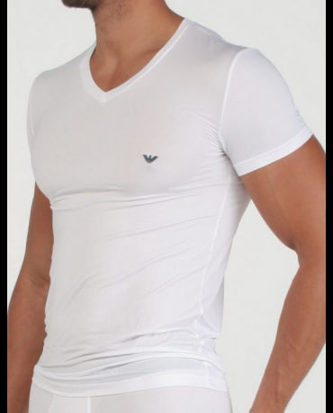 EMPORIO ARMANI Biała Koszulka V-neck Slimowana Dopasowana