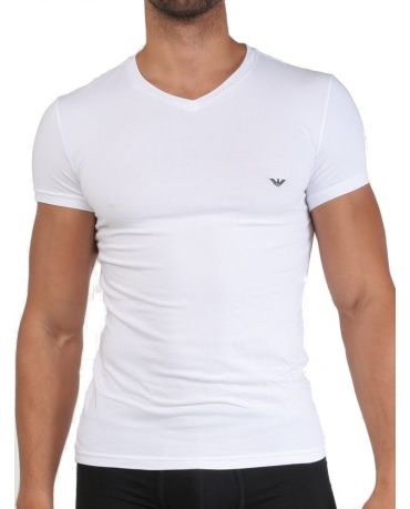 EMPORIO ARMANI Biała Koszulka V-neck Slimowana Dopasowana