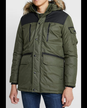 JACK & JONES FUNKCJONALNA ZIELONA OLIWKOWA CIEPŁA KURTKA MĘSKA Z KAPTUREM I LISKIEM