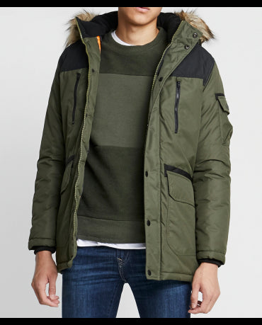 JACK & JONES FUNKCJONALNA ZIELONA OLIWKOWA CIEPŁA KURTKA MĘSKA Z KAPTUREM I LISKIEM